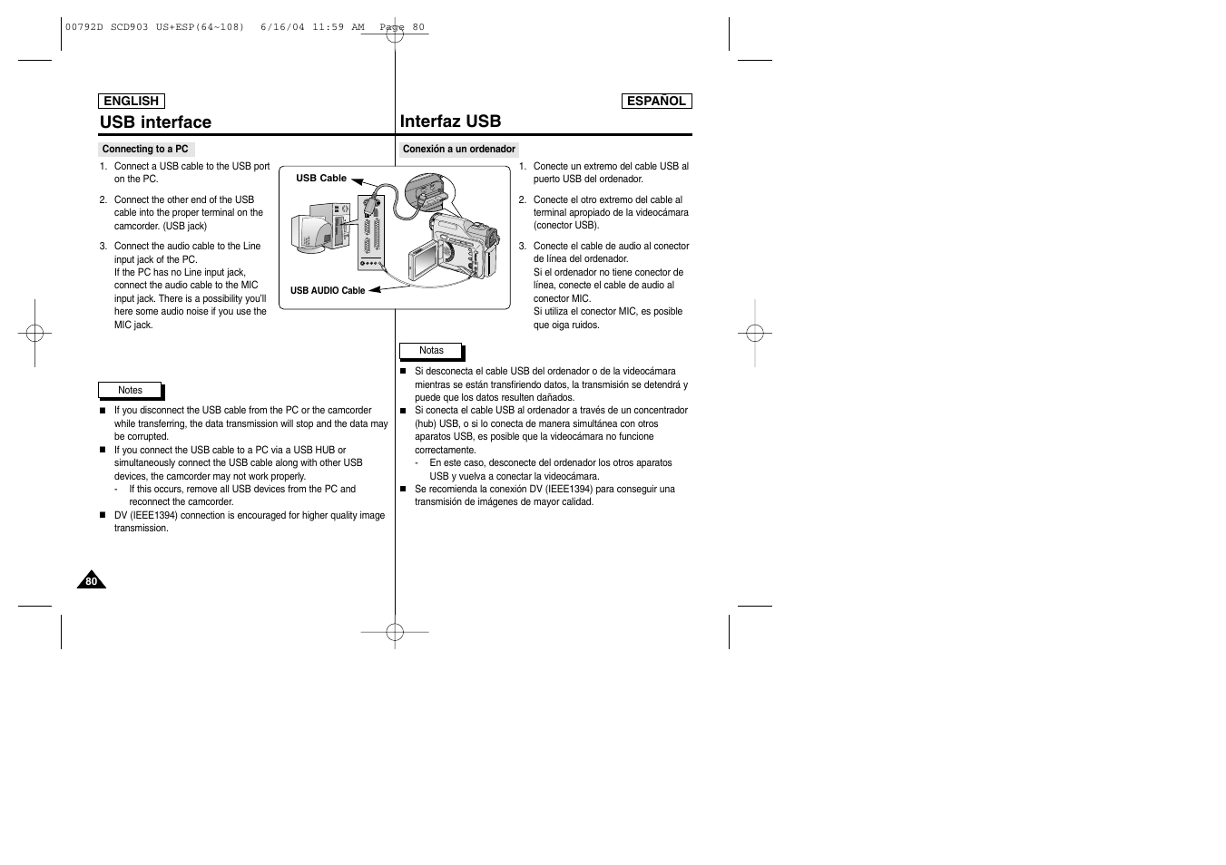 Dv usb, Interfaz usb, Usb interface | Samsung SC-D903-XAA User Manual | Page 80 / 109