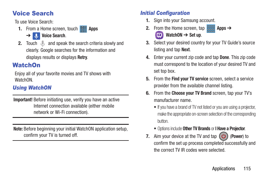 Voice search, Watchon, Voice search watchon | For more information | Samsung SGH-I467ZWAATT User Manual | Page 122 / 201