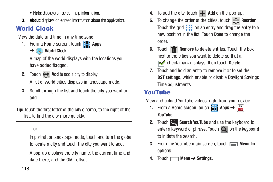 World clock, Youtube, World clock youtube | Samsung SGH-I467ZWAATT User Manual | Page 125 / 201