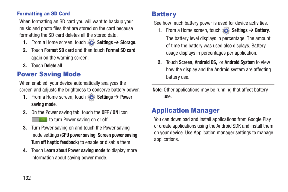 Power saving mode, Battery, Application manager | Power saving mode battery application manager | Samsung SGH-I467ZWAATT User Manual | Page 139 / 201