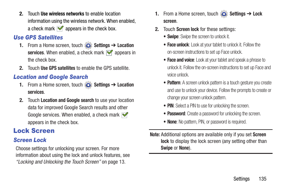 Lock screen, More information, refer to “use gps satellites” on, For more information, refer to “lock | Samsung SGH-I467ZWAATT User Manual | Page 142 / 201