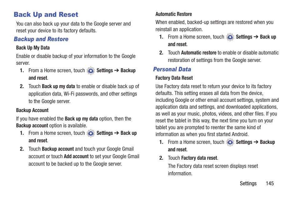 Back up and reset | Samsung SGH-I467ZWAATT User Manual | Page 152 / 201