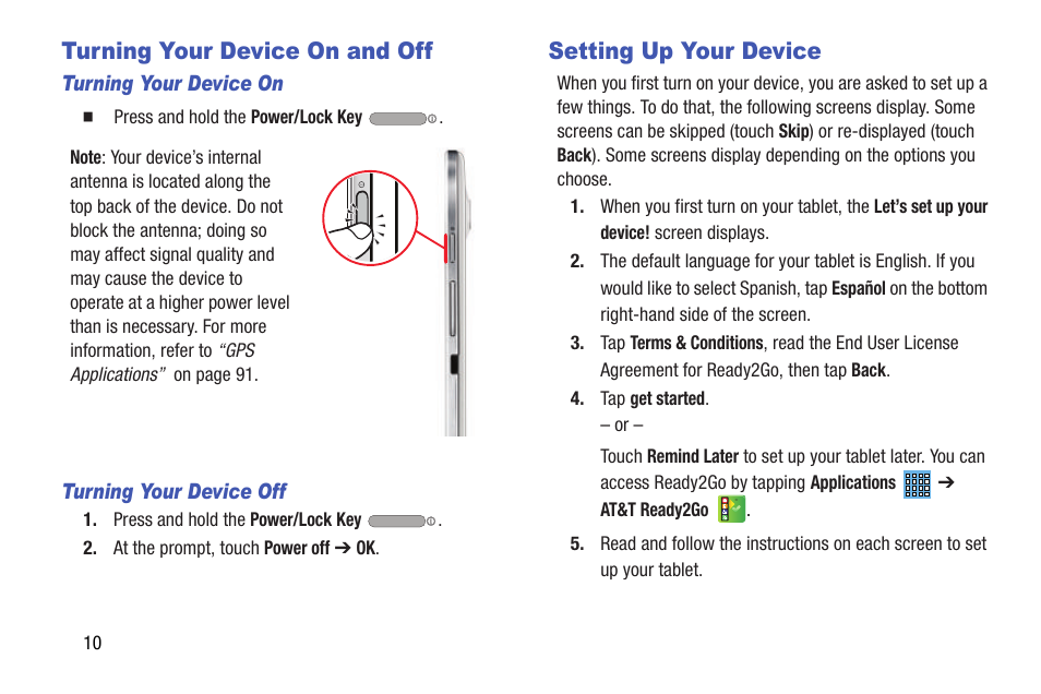 Turning your device on and off, Setting up your device | Samsung SGH-I467ZWAATT User Manual | Page 17 / 201