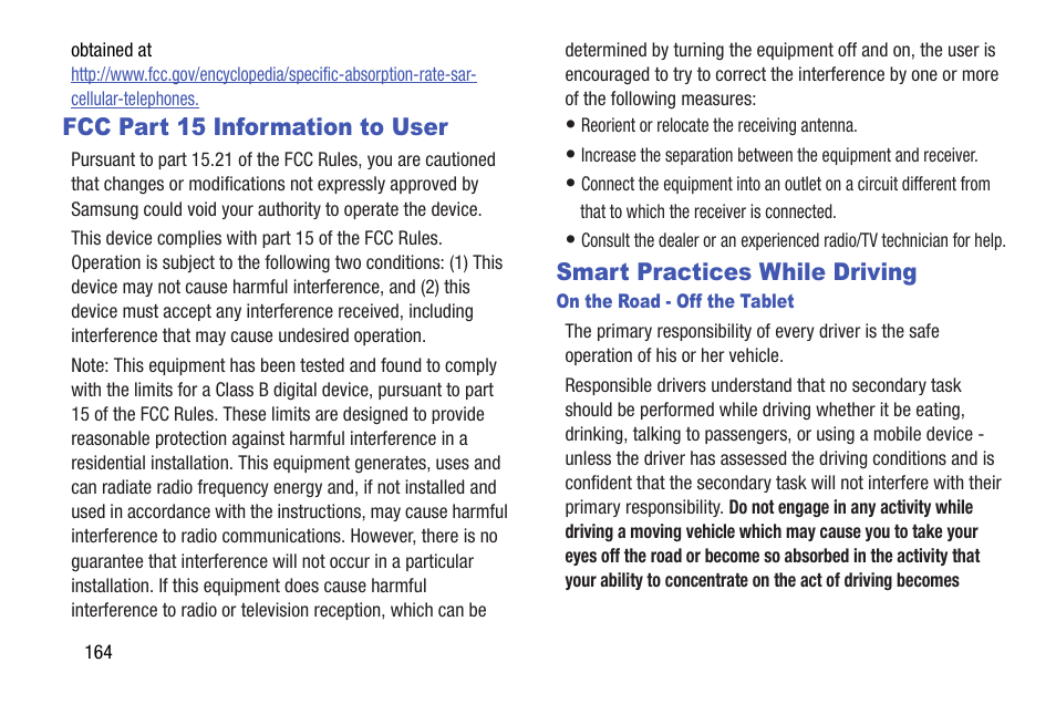 Fcc part 15 information to user, Smart practices while driving | Samsung SGH-I467ZWAATT User Manual | Page 171 / 201