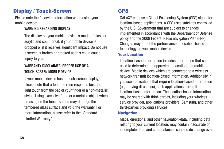 Display / touch-screen, Display / touch-screen gps | Samsung SGH-I467ZWAATT User Manual | Page 175 / 201