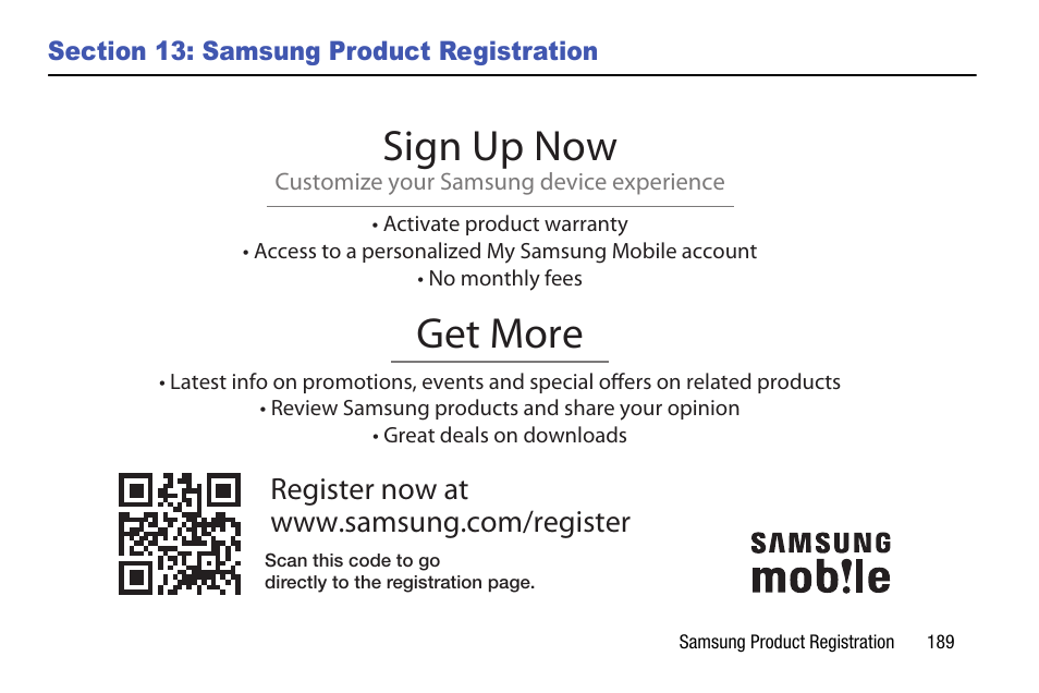 Section 13: samsung product registration, Section 13: samsung product, Registration | Sign up now, Get more | Samsung SGH-I467ZWAATT User Manual | Page 196 / 201