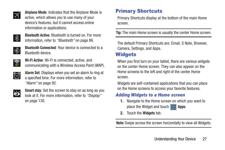 Primary shortcuts, Widgets, Primary shortcuts widgets | For more information, refer to “widgets” on, For more information, refer to “primary | Samsung SGH-I467ZWAATT User Manual | Page 34 / 201