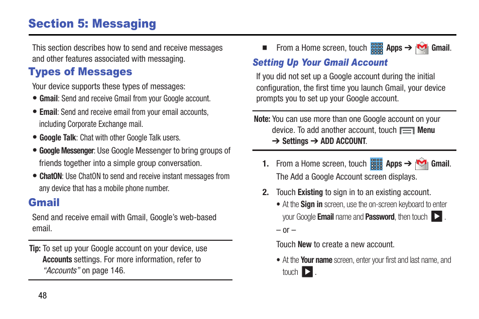 Section 5: messaging, Types of messages, Gmail | Types of messages gmail | Samsung SGH-I467ZWAATT User Manual | Page 55 / 201