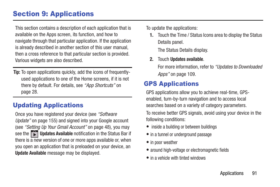 Section 9: applications, Updating applications, Gps applications | Updating applications gps applications | Samsung SGH-I467ZWAATT User Manual | Page 98 / 201