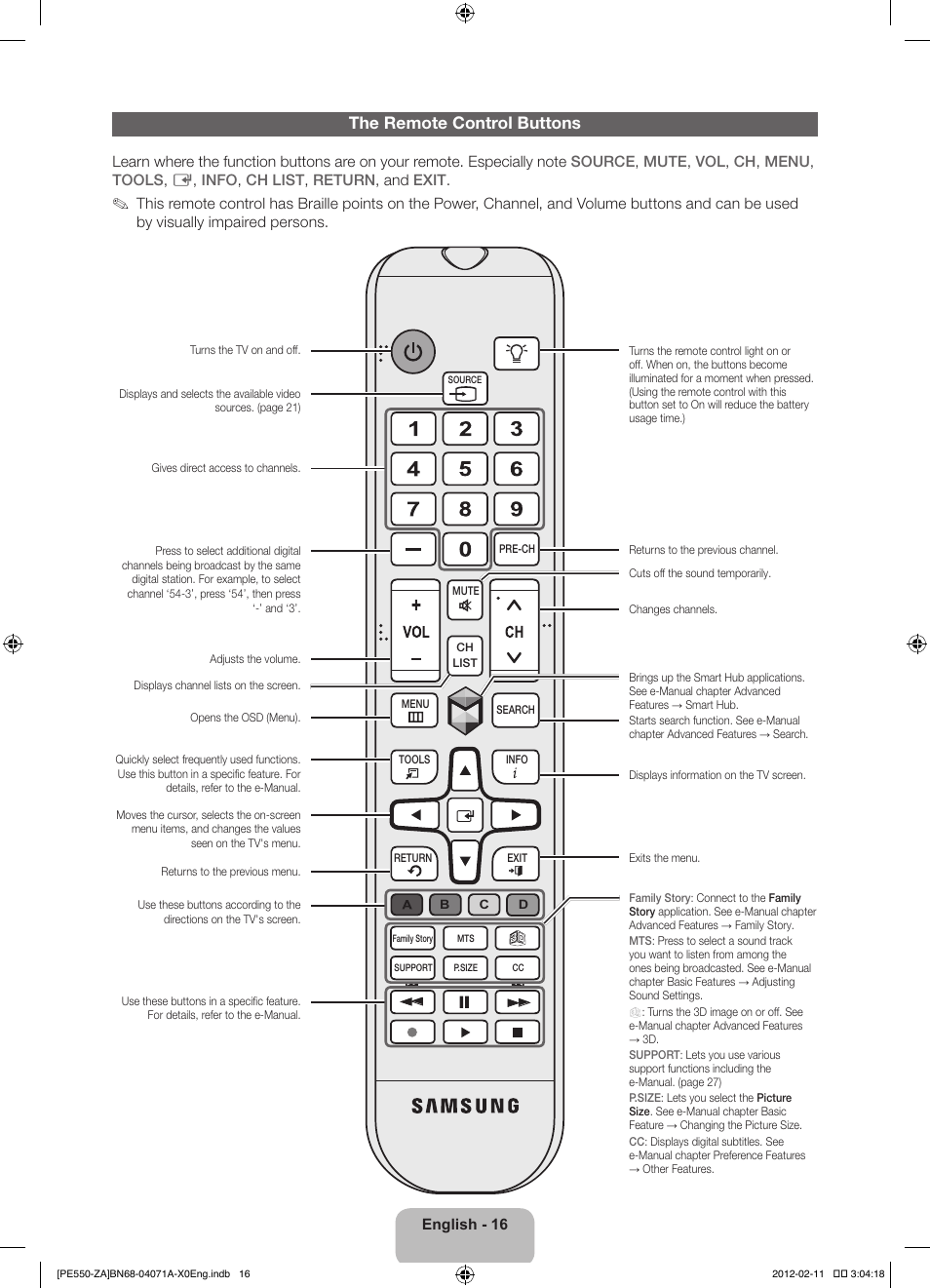 The remote control buttons | Samsung PN64E550D1FXZA User Manual | Page 16 / 38