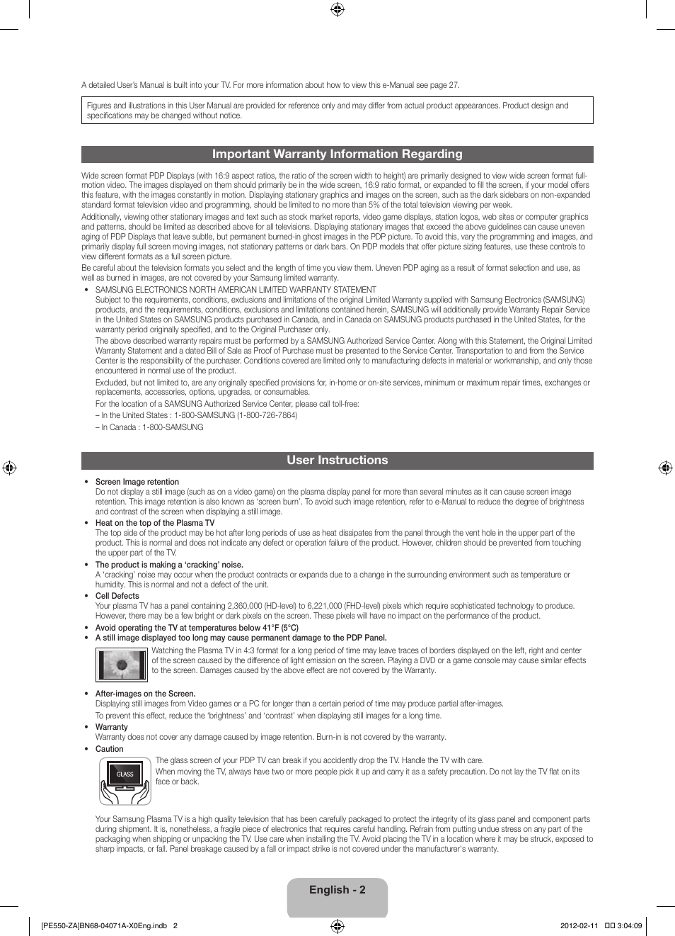 Important warranty information regarding, User instructions | Samsung PN64E550D1FXZA User Manual | Page 2 / 38