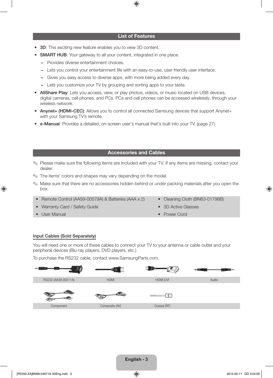 Samsung PN64E550D1FXZA User Manual | Page 3 / 38