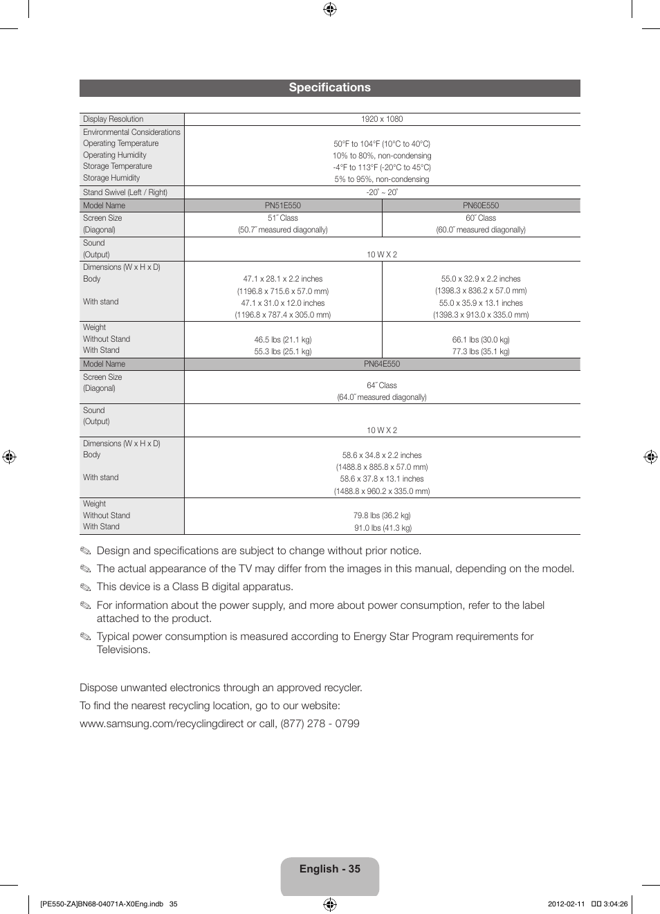 Specifications | Samsung PN64E550D1FXZA User Manual | Page 35 / 38