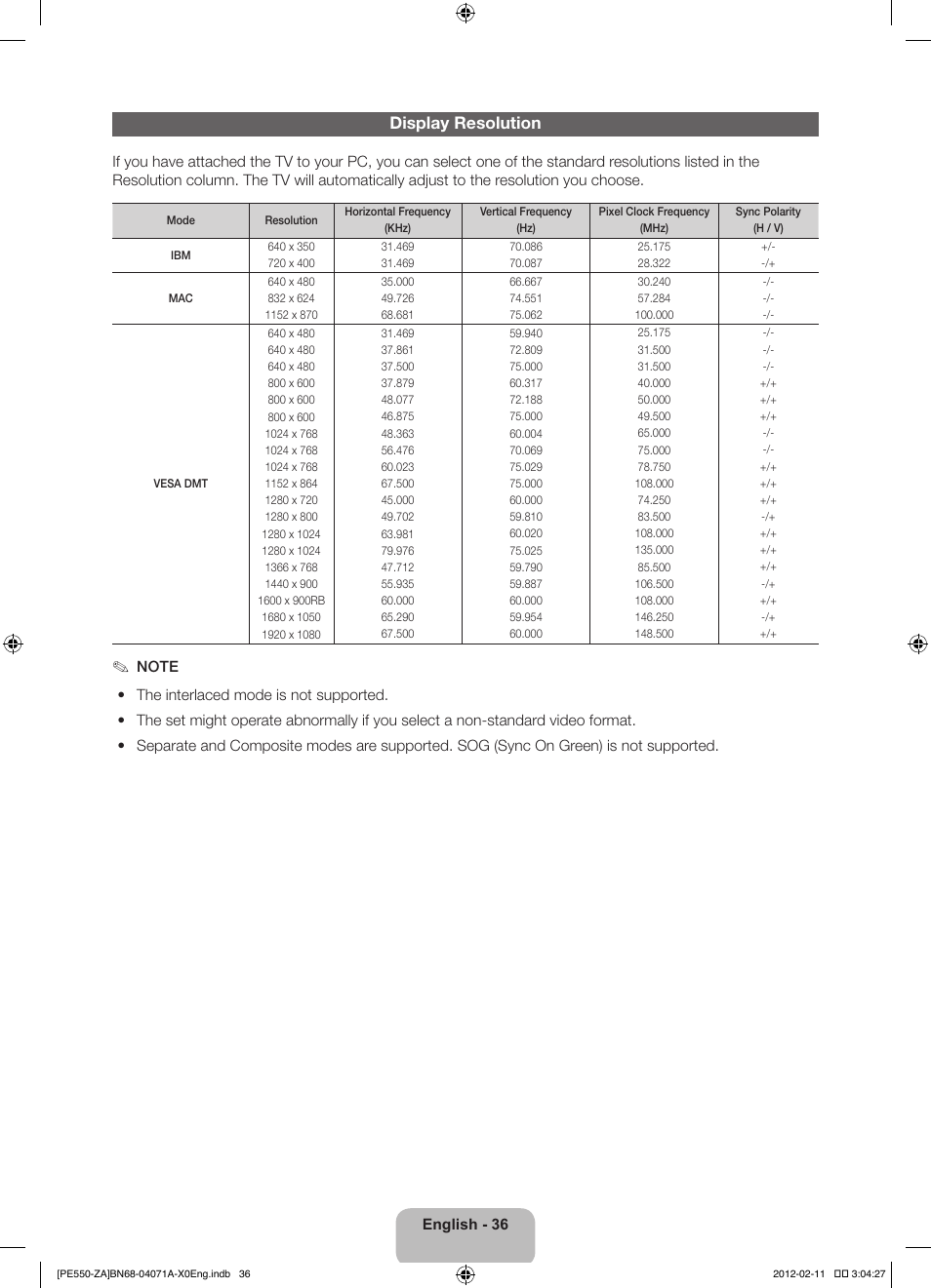 Display resolution | Samsung PN64E550D1FXZA User Manual | Page 36 / 38