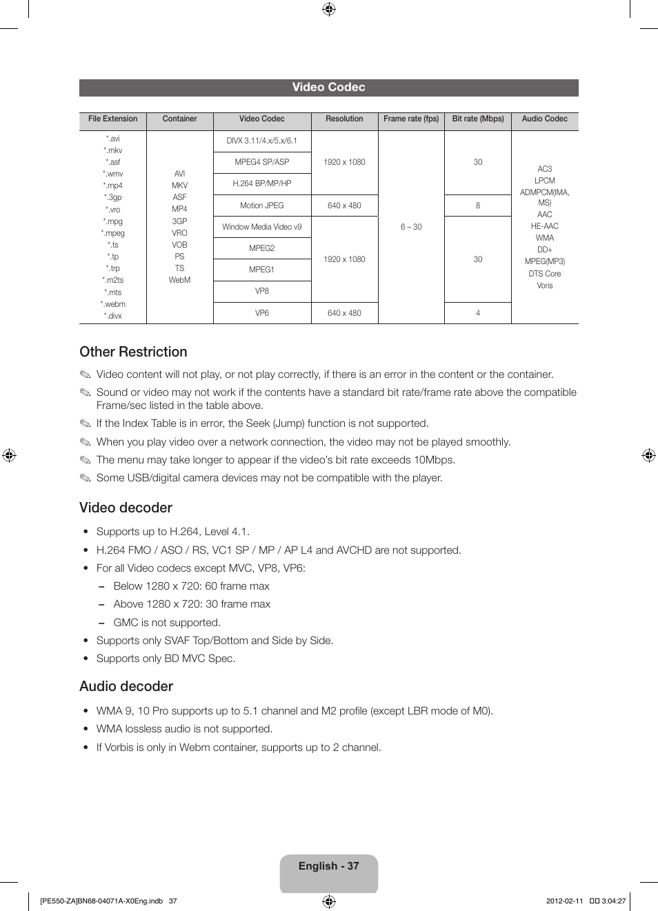 Other restriction, Video decoder, Audio decoder | Samsung PN64E550D1FXZA User Manual | Page 37 / 38