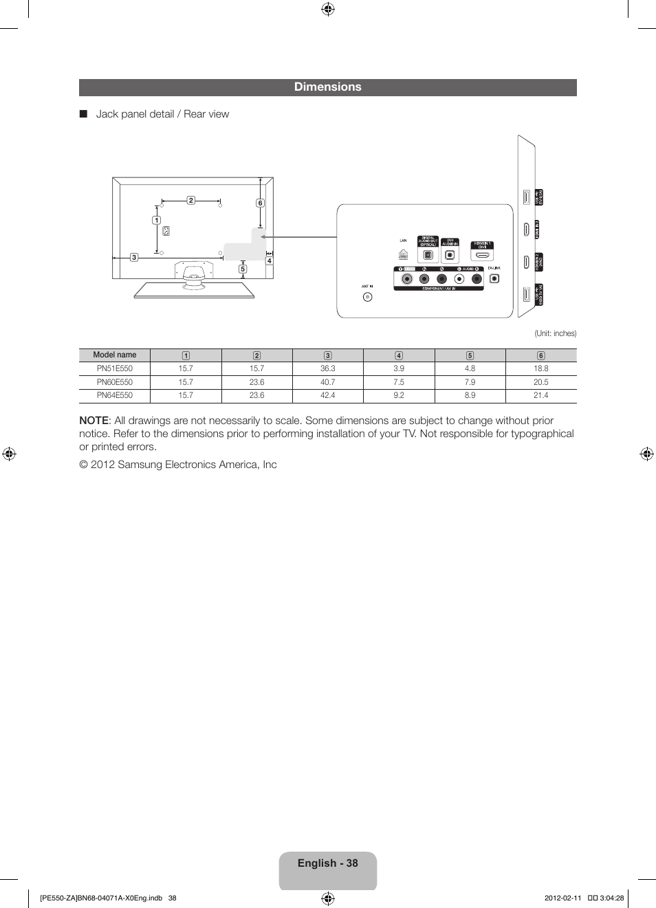 Dimensions | Samsung PN64E550D1FXZA User Manual | Page 38 / 38