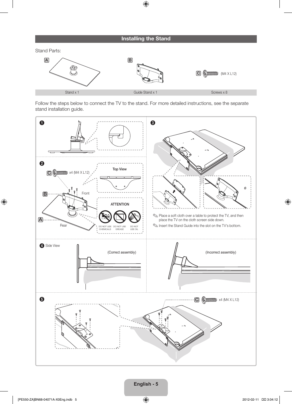 Installing the stand | Samsung PN64E550D1FXZA User Manual | Page 5 / 38