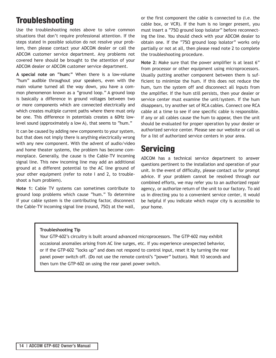 Troubleshooting, Servicing | Adcom GTP-602 User Manual | Page 14 / 16