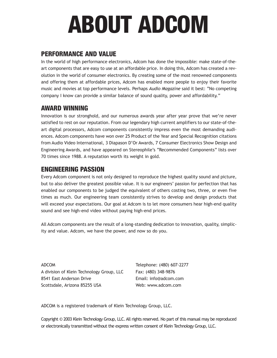 About adcom, Performance and value, Award winning | Engineering passion | Adcom GTP-602 User Manual | Page 2 / 16