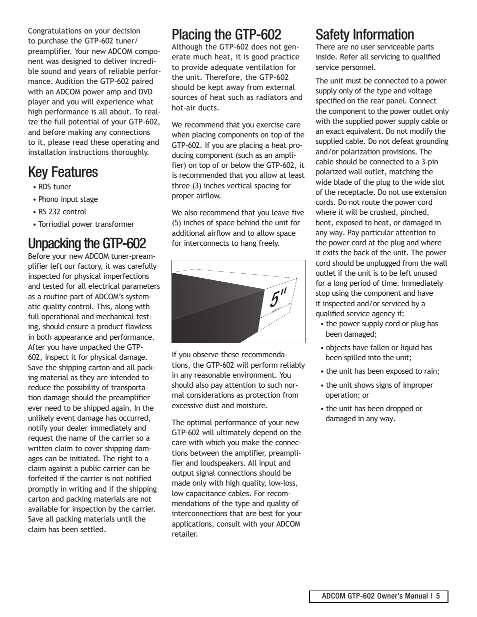 Key features, Unpacking the gtp-602, Placing the gtp-602 | Safety information | Adcom GTP-602 User Manual | Page 5 / 16