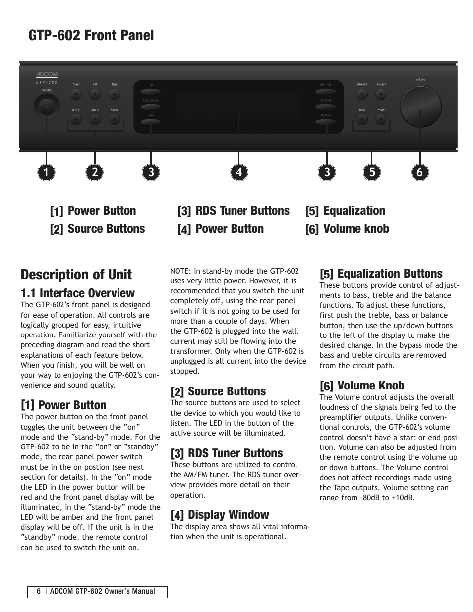 Description of unit, Gtp-602 front panel | Adcom GTP-602 User Manual | Page 6 / 16