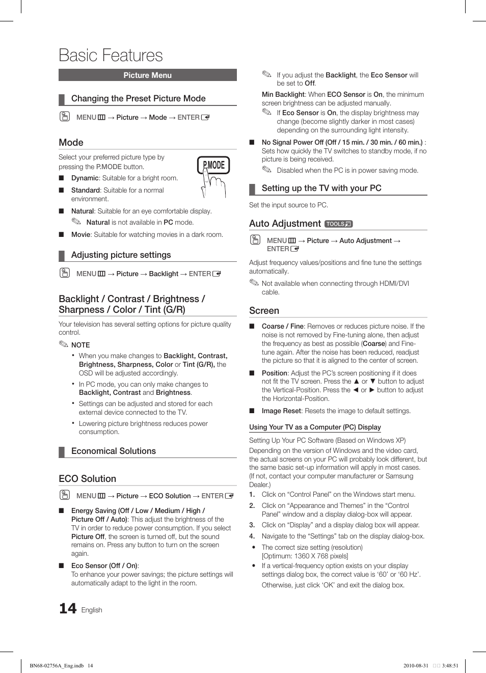 Basic features, Tools | Samsung LN32C540F2DXZA User Manual | Page 14 / 41