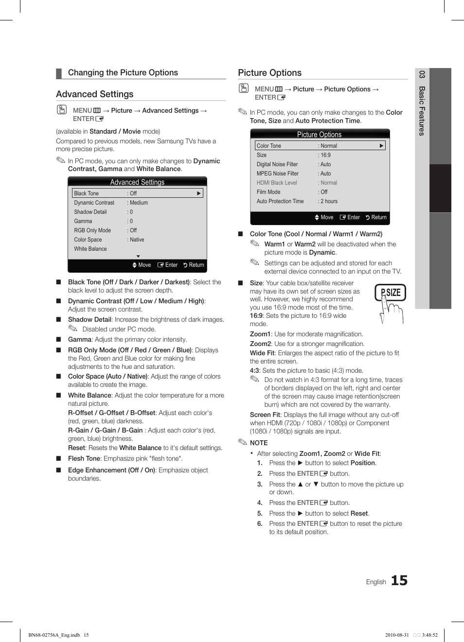 Tools, Advanced settings, Picture options | Samsung LN32C540F2DXZA User Manual | Page 15 / 41