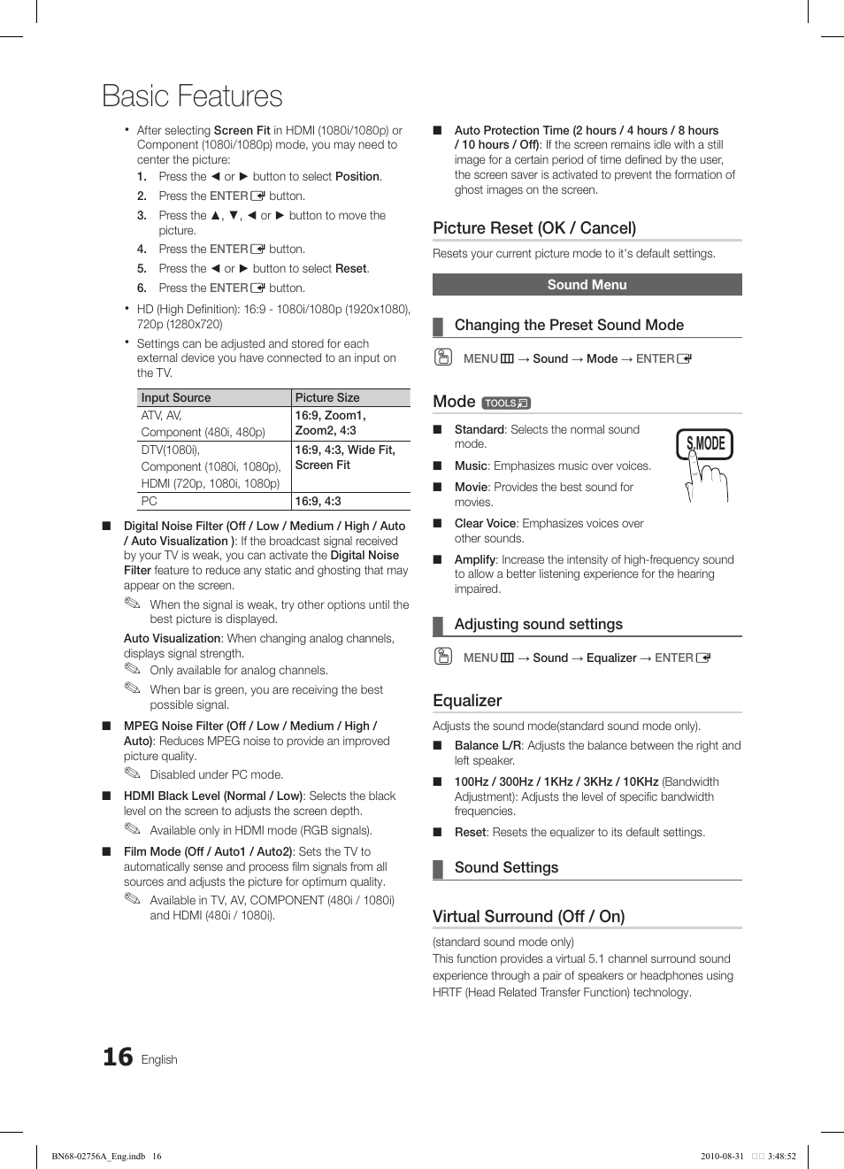 Basic features, Tools, Picture reset (ok / cancel) | Mode, Equalizer, Virtual surround (off / on) | Samsung LN32C540F2DXZA User Manual | Page 16 / 41
