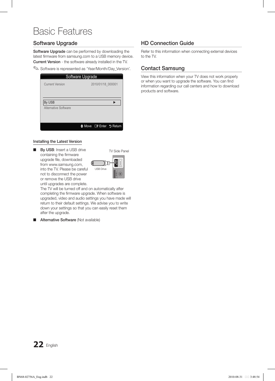 Basic features, Software upgrade, Hd connection guide | Contact samsung | Samsung LN32C540F2DXZA User Manual | Page 22 / 41