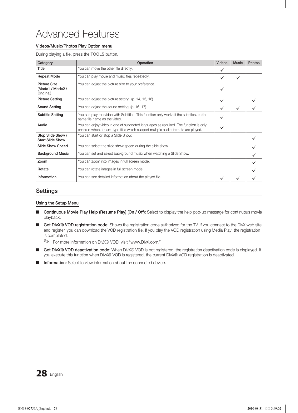 Advanced features, Settings | Samsung LN32C540F2DXZA User Manual | Page 28 / 41