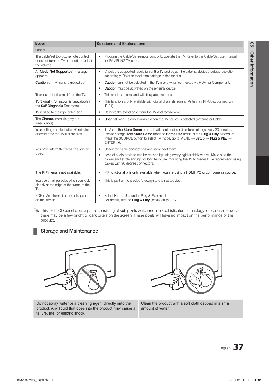 Storage and maintenance | Samsung LN32C540F2DXZA User Manual | Page 37 / 41