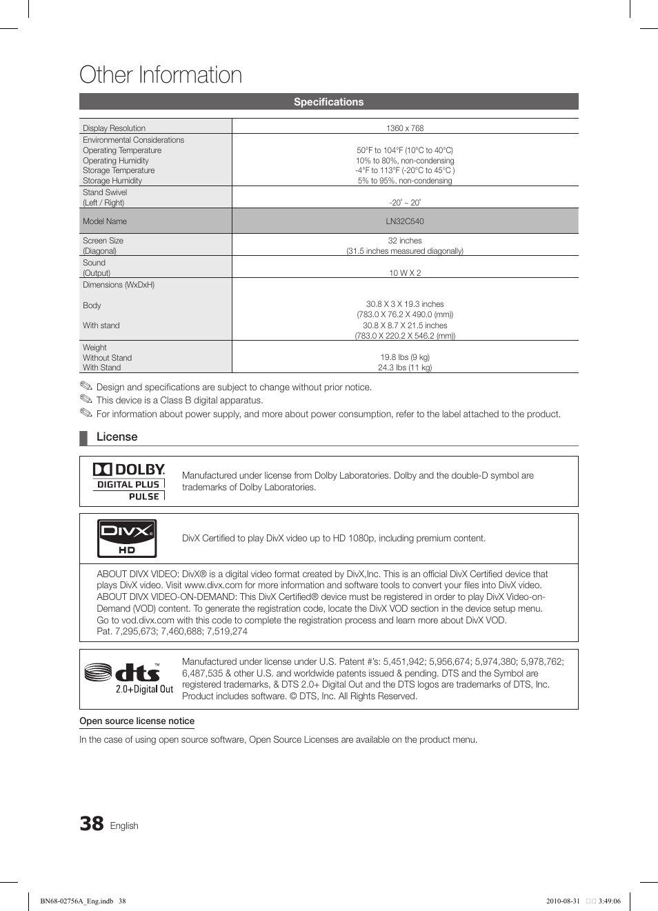 Other information | Samsung LN32C540F2DXZA User Manual | Page 38 / 41