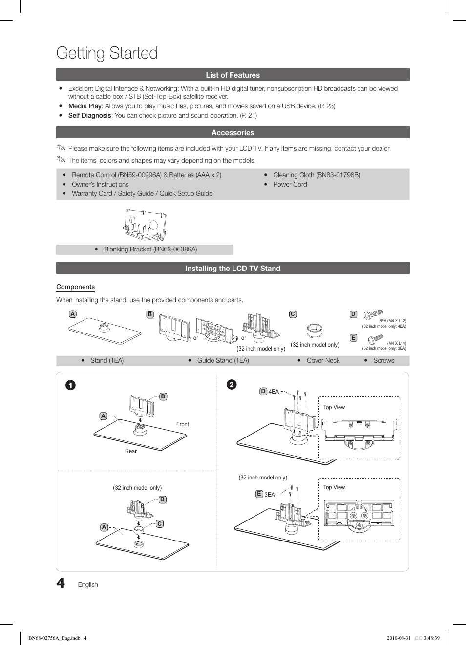 Getting started | Samsung LN32C540F2DXZA User Manual | Page 4 / 41