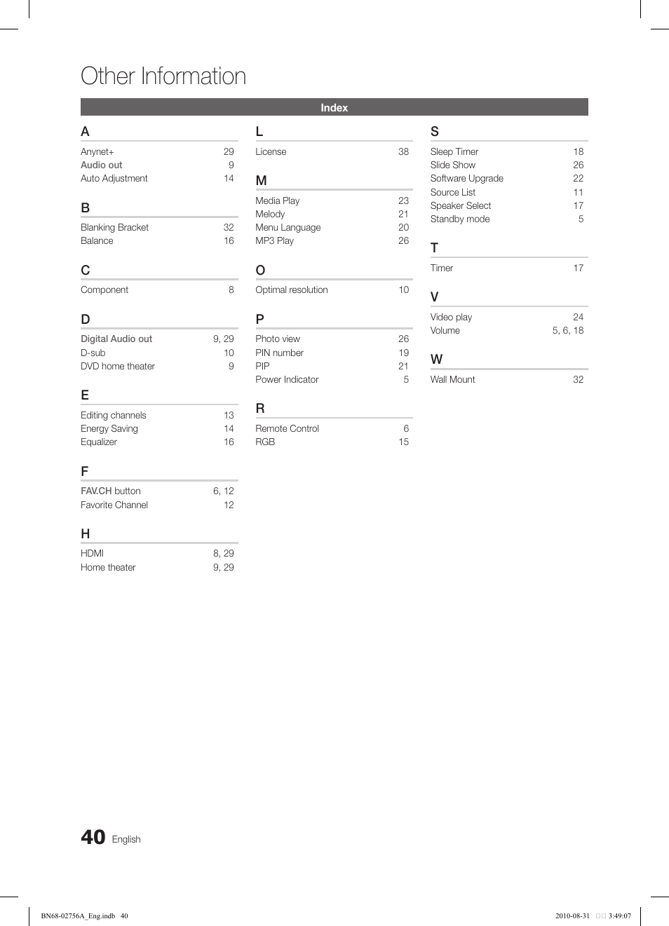 Other information | Samsung LN32C540F2DXZA User Manual | Page 40 / 41