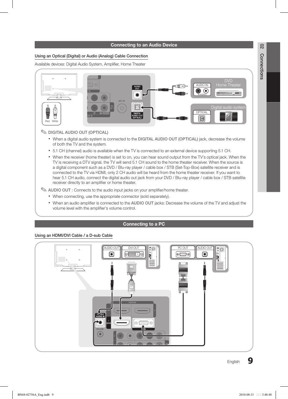 02 connections connecting to an audio device, Connecting to a pc | Samsung LN32C540F2DXZA User Manual | Page 9 / 41