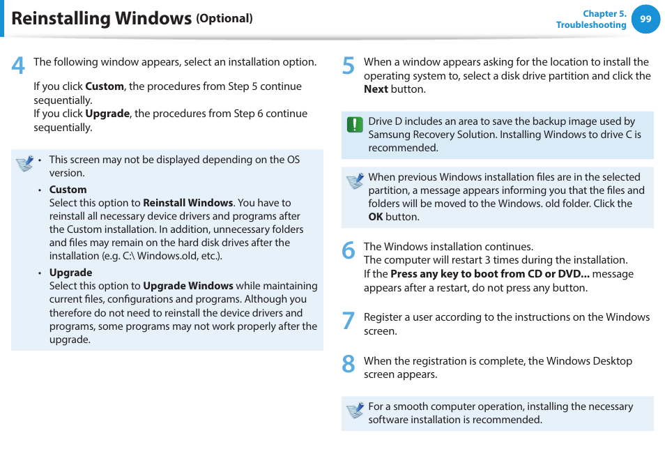 Reinstalling windows | Samsung NP270E5J-K01US User Manual | Page 100 / 131