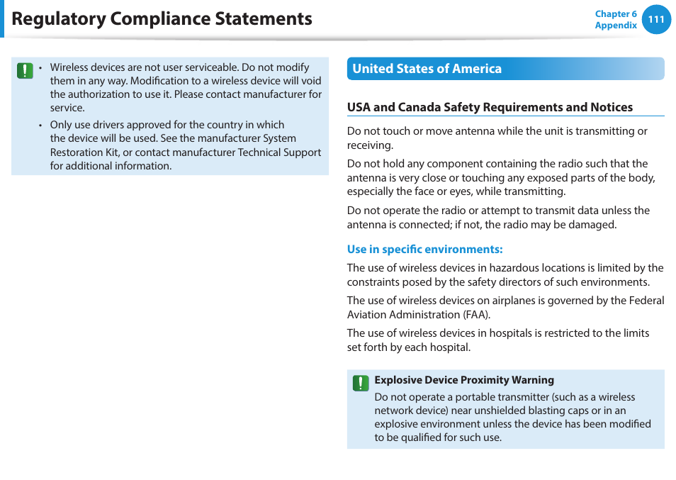 Regulatory compliance statements | Samsung NP270E5J-K01US User Manual | Page 112 / 131