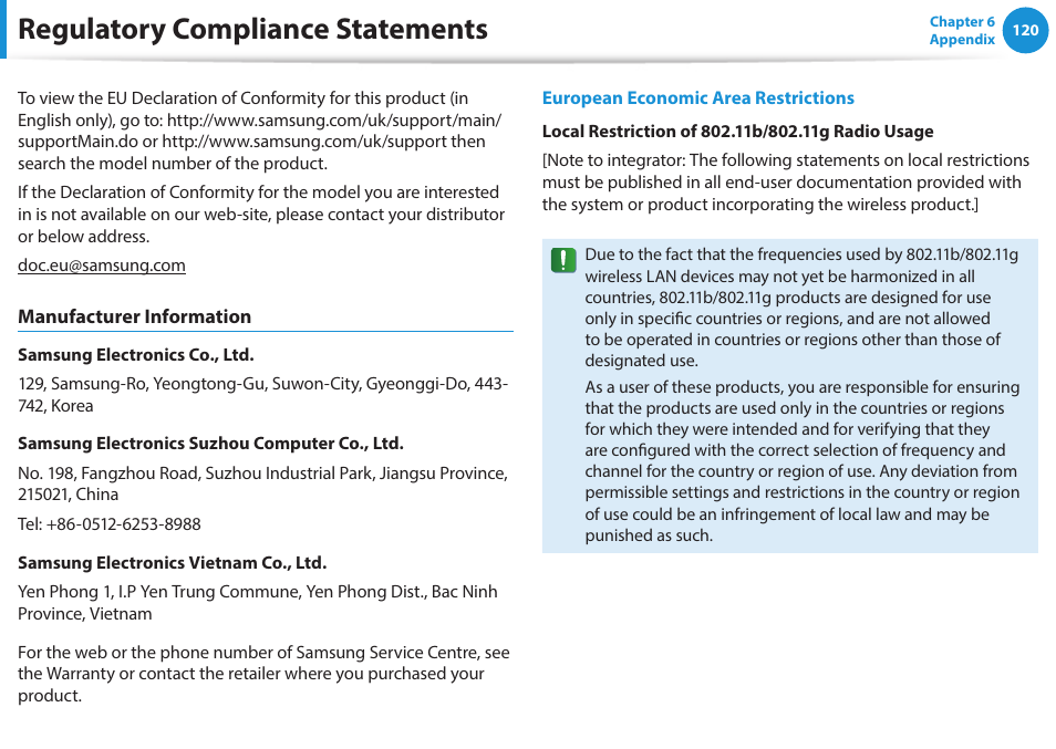 Regulatory compliance statements | Samsung NP270E5J-K01US User Manual | Page 121 / 131