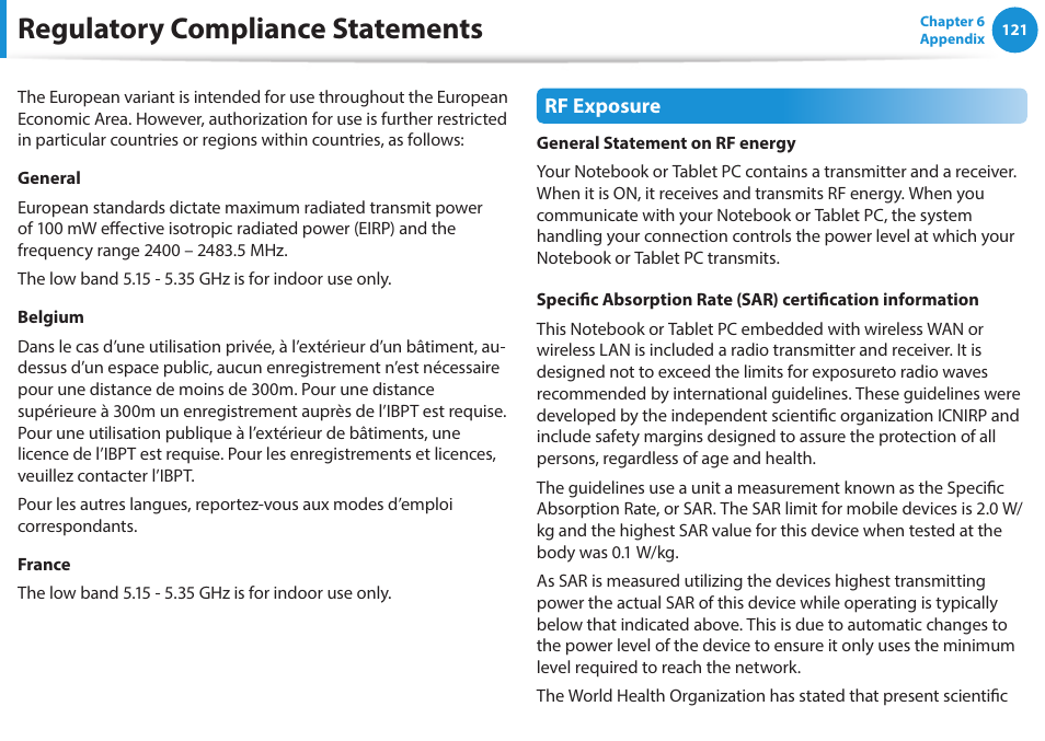 Regulatory compliance statements | Samsung NP270E5J-K01US User Manual | Page 122 / 131