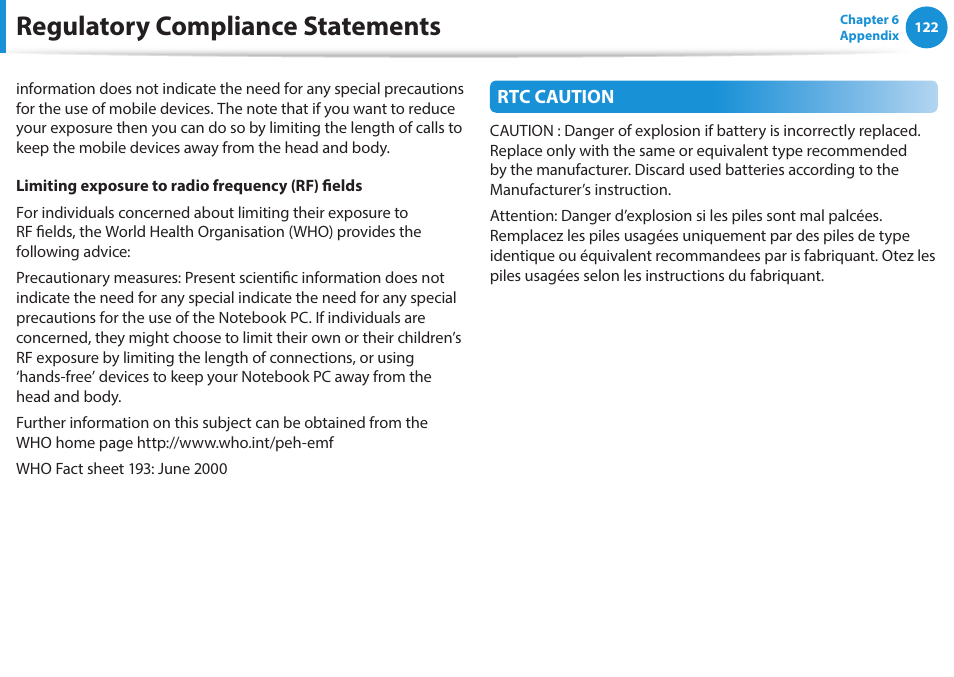 Regulatory compliance statements | Samsung NP270E5J-K01US User Manual | Page 123 / 131