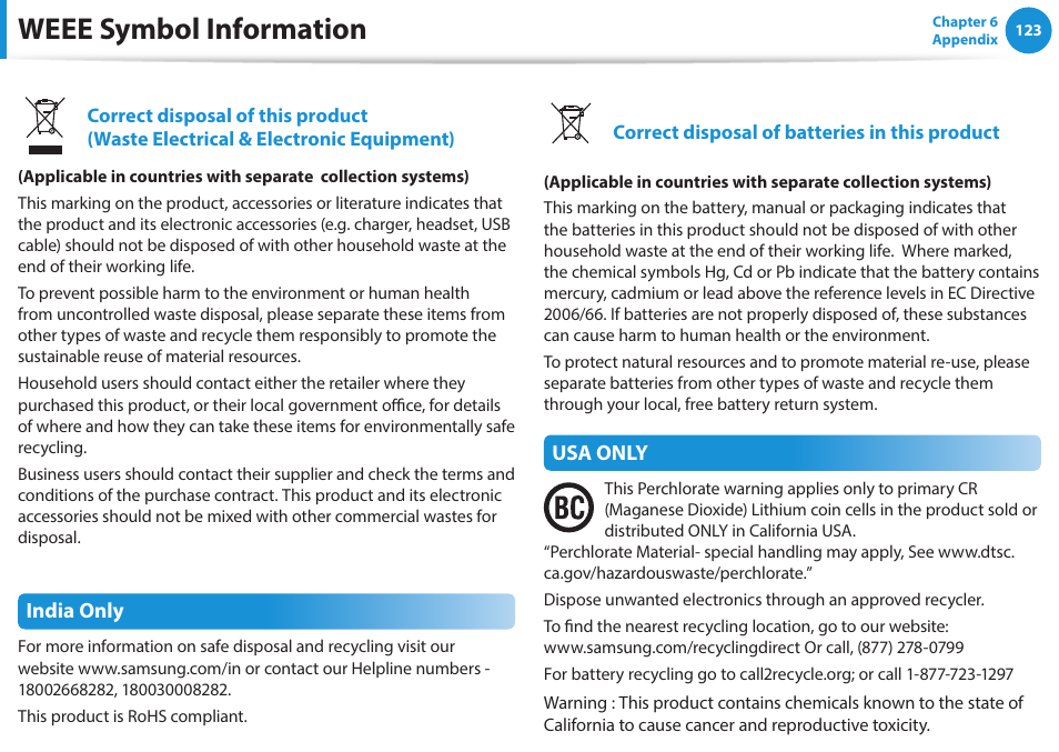 Weee symbol information | Samsung NP270E5J-K01US User Manual | Page 124 / 131