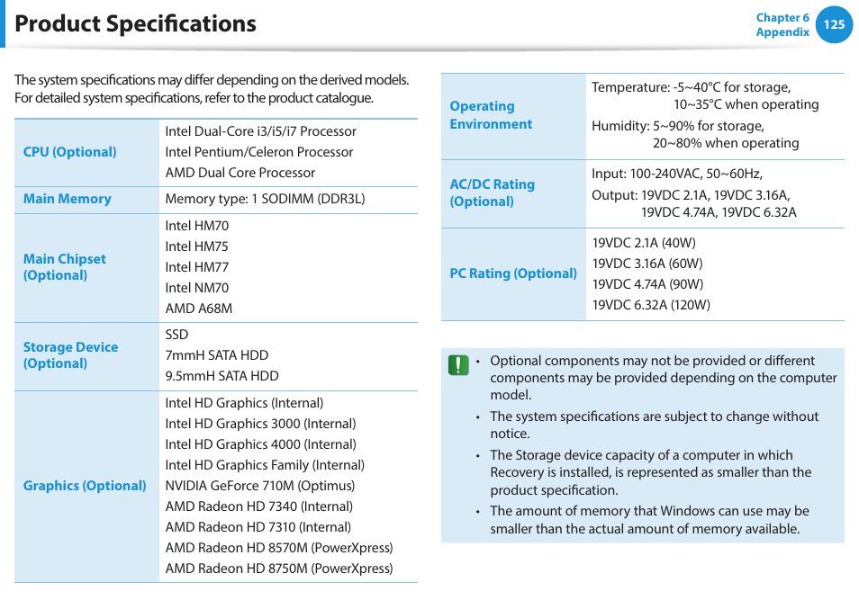 Product specifications | Samsung NP270E5J-K01US User Manual | Page 126 / 131