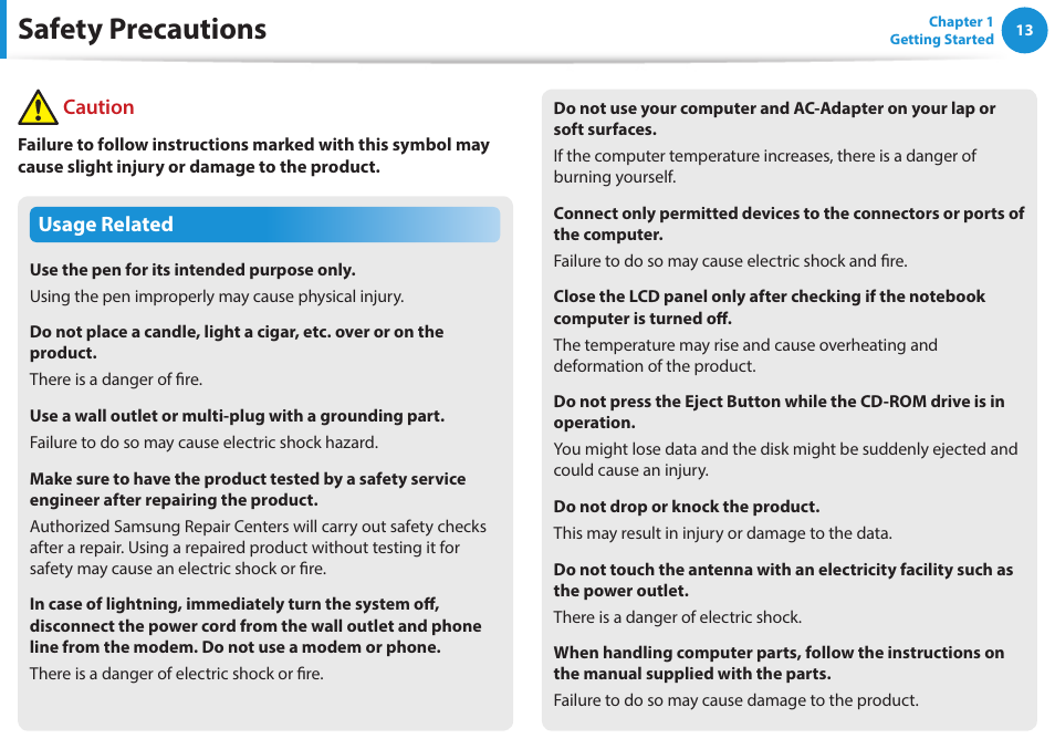 Safety precautions, Usage related, Caution | Samsung NP270E5J-K01US User Manual | Page 14 / 131