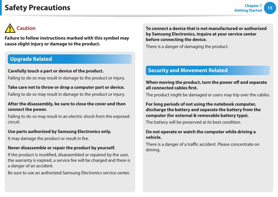 Safety precautions | Samsung NP270E5J-K01US User Manual | Page 16 / 131