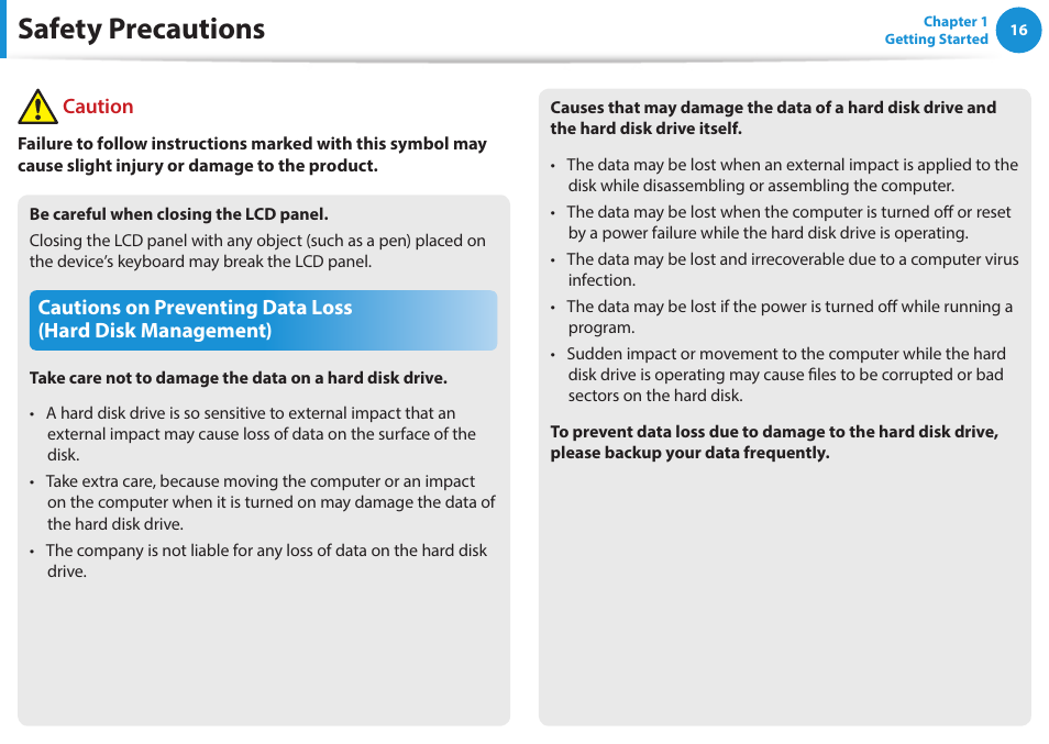 Safety precautions, Caution | Samsung NP270E5J-K01US User Manual | Page 17 / 131