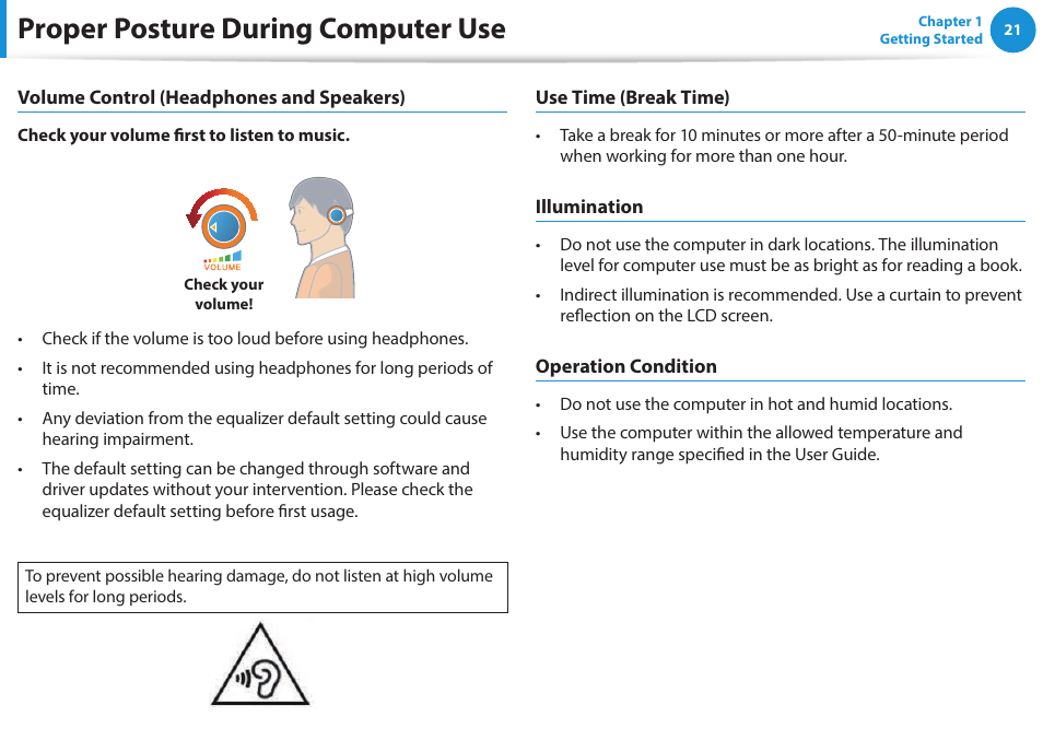 Proper posture during computer use | Samsung NP270E5J-K01US User Manual | Page 22 / 131