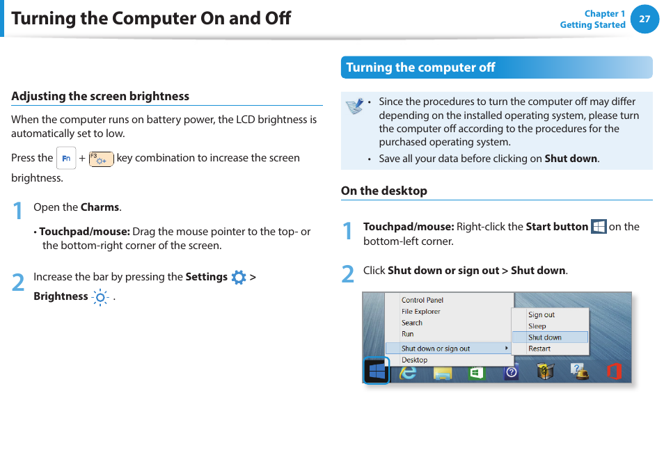 Turning the computer on and off | Samsung NP270E5J-K01US User Manual | Page 28 / 131