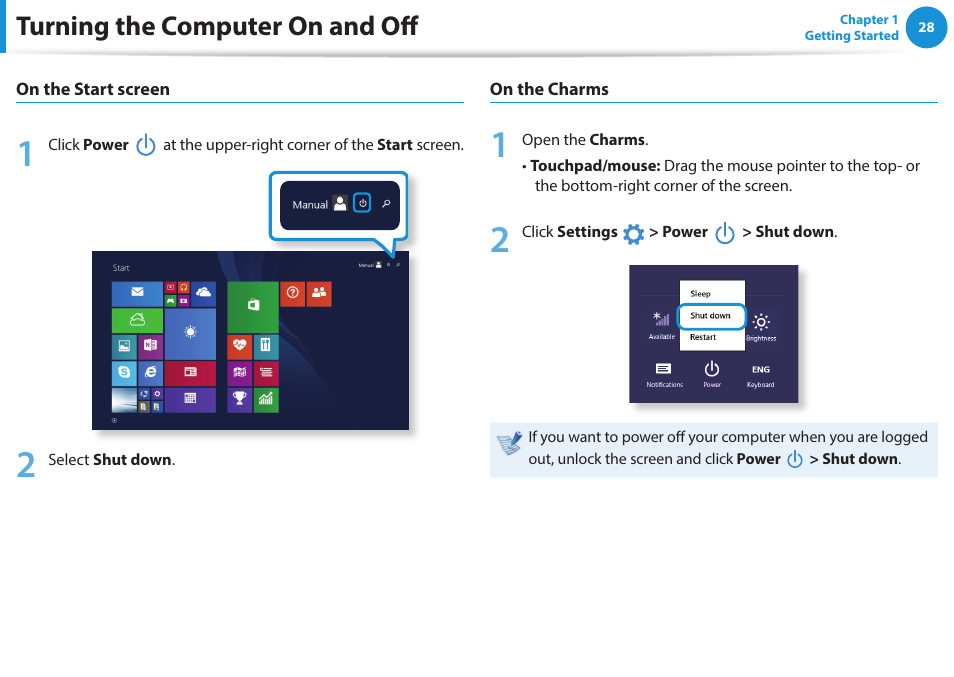 Turning the computer on and off | Samsung NP270E5J-K01US User Manual | Page 29 / 131