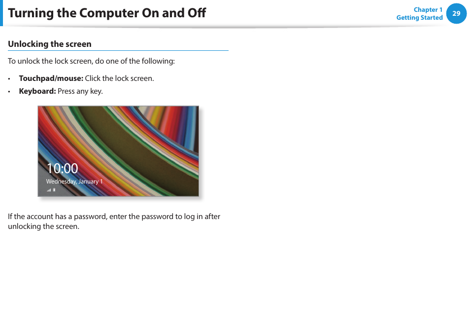 Turning the computer on and off | Samsung NP270E5J-K01US User Manual | Page 30 / 131