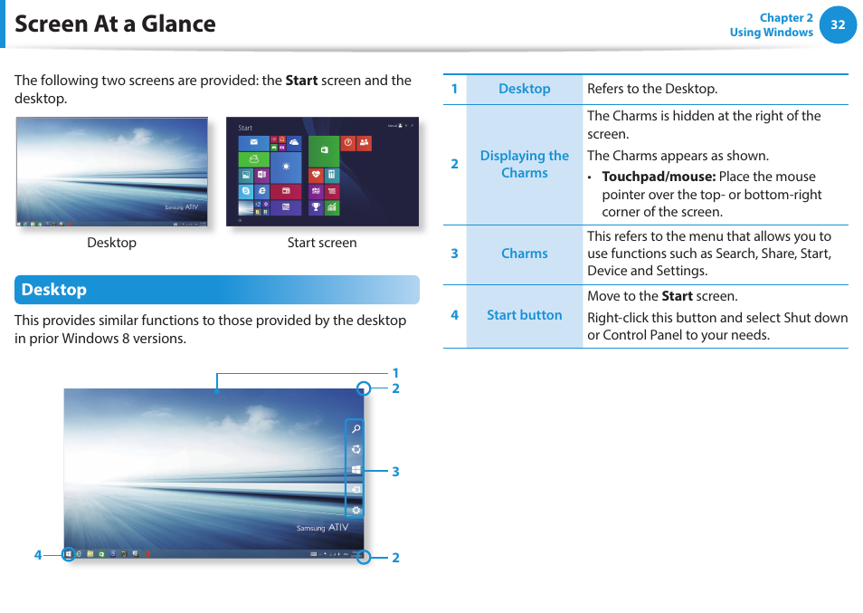 Screen at a glance, Desktop | Samsung NP270E5J-K01US User Manual | Page 33 / 131